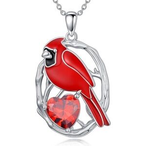 925 Silver Necklace Cardinal Bird and Heart Pendant